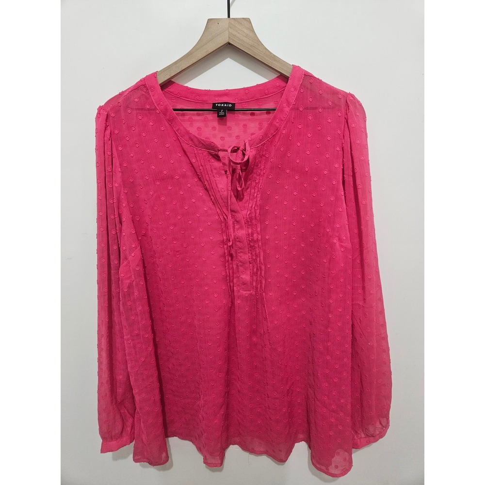 Torrid Hot Pink Swiss Dot Chiffon Tie Neck Blouse Long Sleeve Plus‎ Size 2 2X